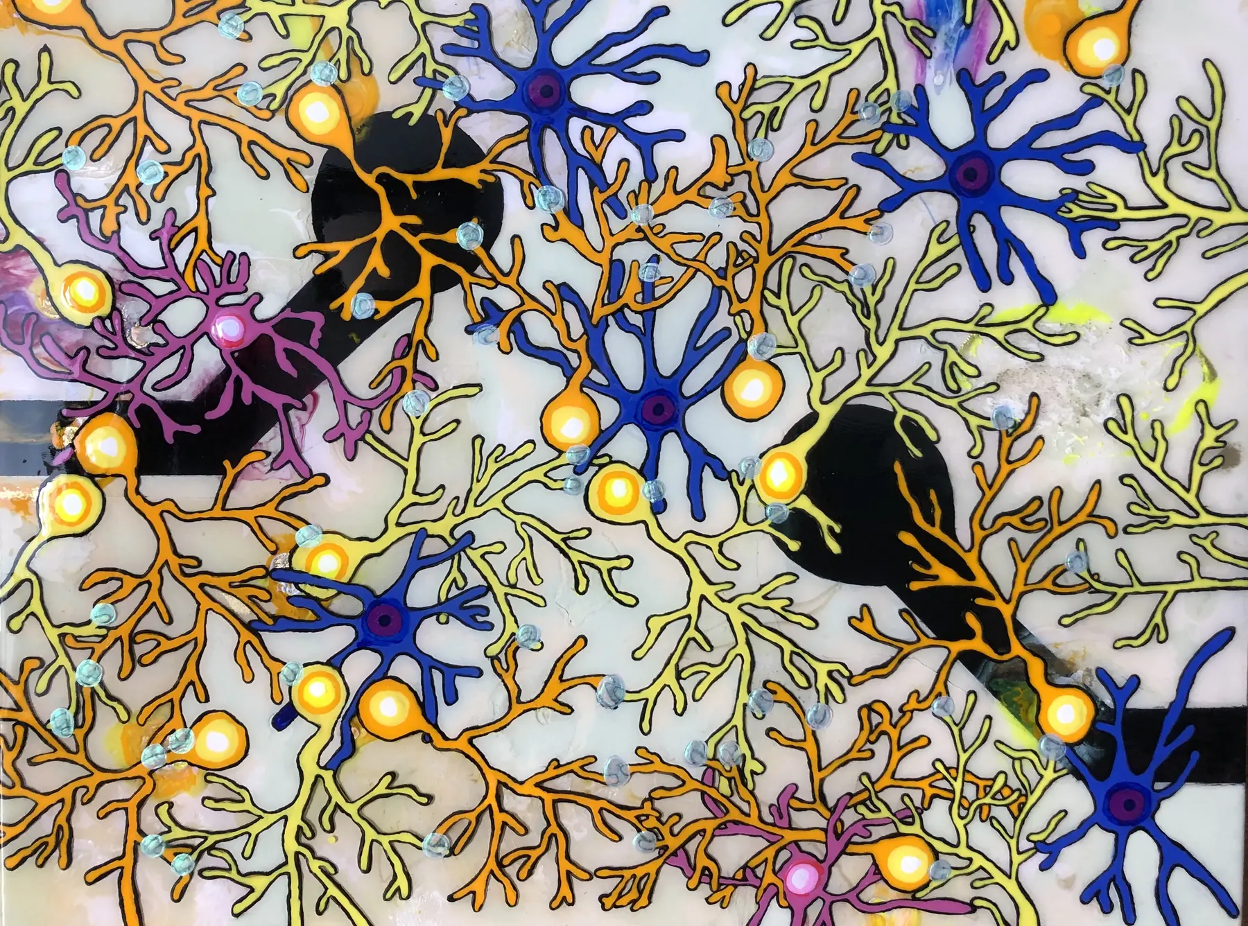 Fueled from Within. Neurons in yellow, blue and violet with astrocytes wrapped around dark vessels on a pale ground.