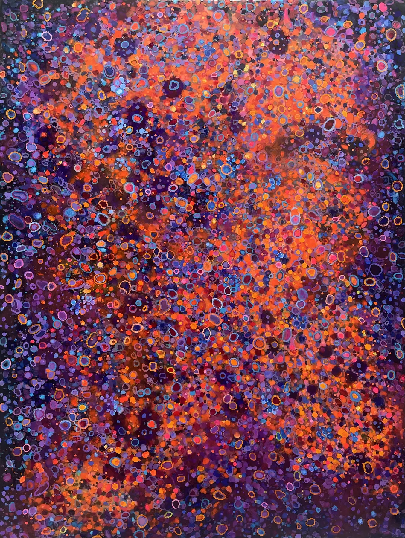 Full Burn. A field of cells in purple, deep red and saturated orange, more sparsely spaced.