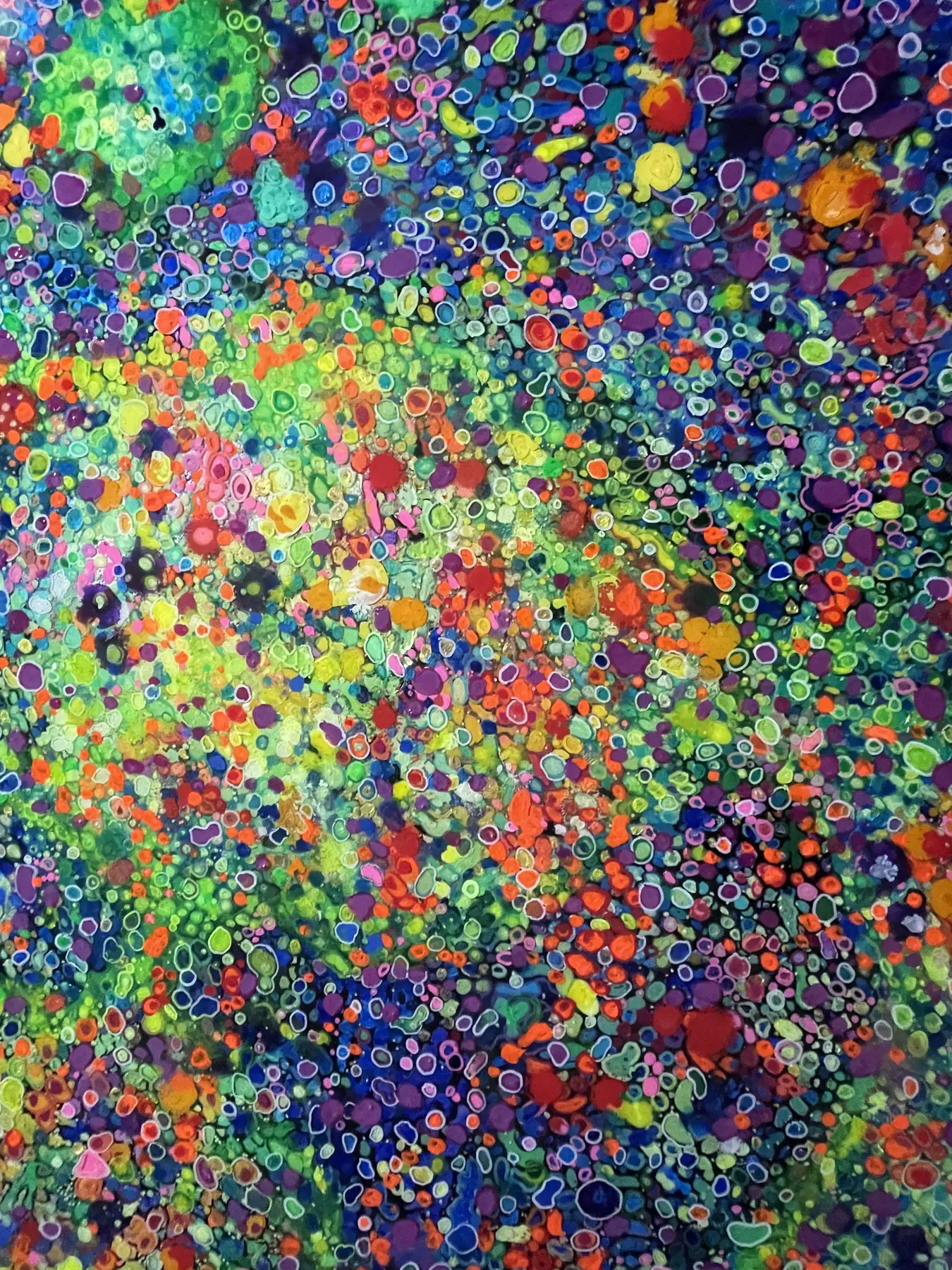 The Metabolic Field. A dense field of small blue, red, green and orange cells built up in resin.